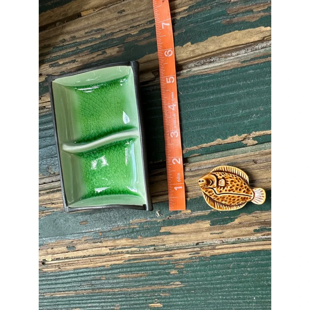 Ceramic Sushi Dipping Dish Green Crackle Glaze with Flounder Fish Accents Set